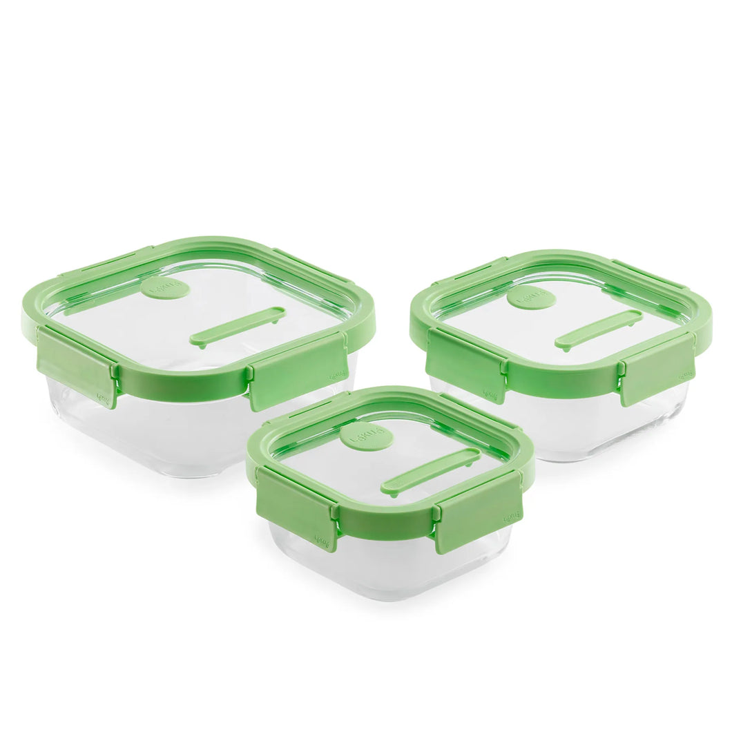 Lekue 100% Glass Leak Proof Square Food Containers - Set of 3, Green (with Glass lids)