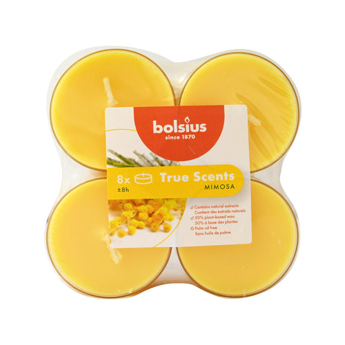 Bolsius True Scents Mimosa Maxi-Light Candles with Clear Cups, Scented - Pack of 8, top view.