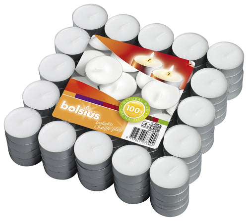 Bolsius Pack of 100 Tealight Candles, 3.5-hour Burn Time, angled view.
