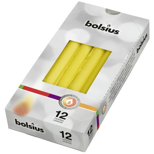 Bolsius Tapered Candles Individually Wrapped in Cello, 24.5 x 2.4cm  - Yellow, per Piece or Box of 12