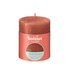 Load image into Gallery viewer, Bolsius Shimmer Small Rustic Pillar Candle, Copper - 80/68mm with label.
