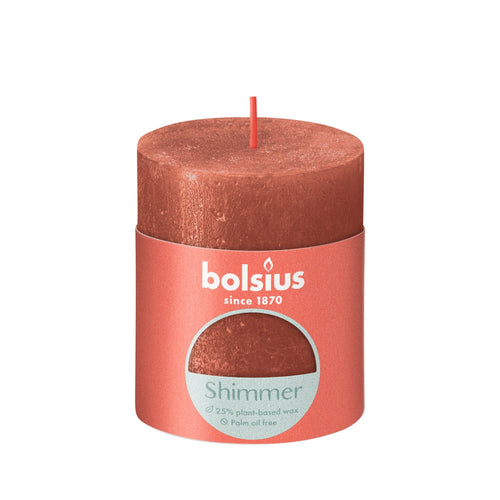 Bolsius Shimmer Small Rustic Pillar Candle, Copper - 80/68mm with label.