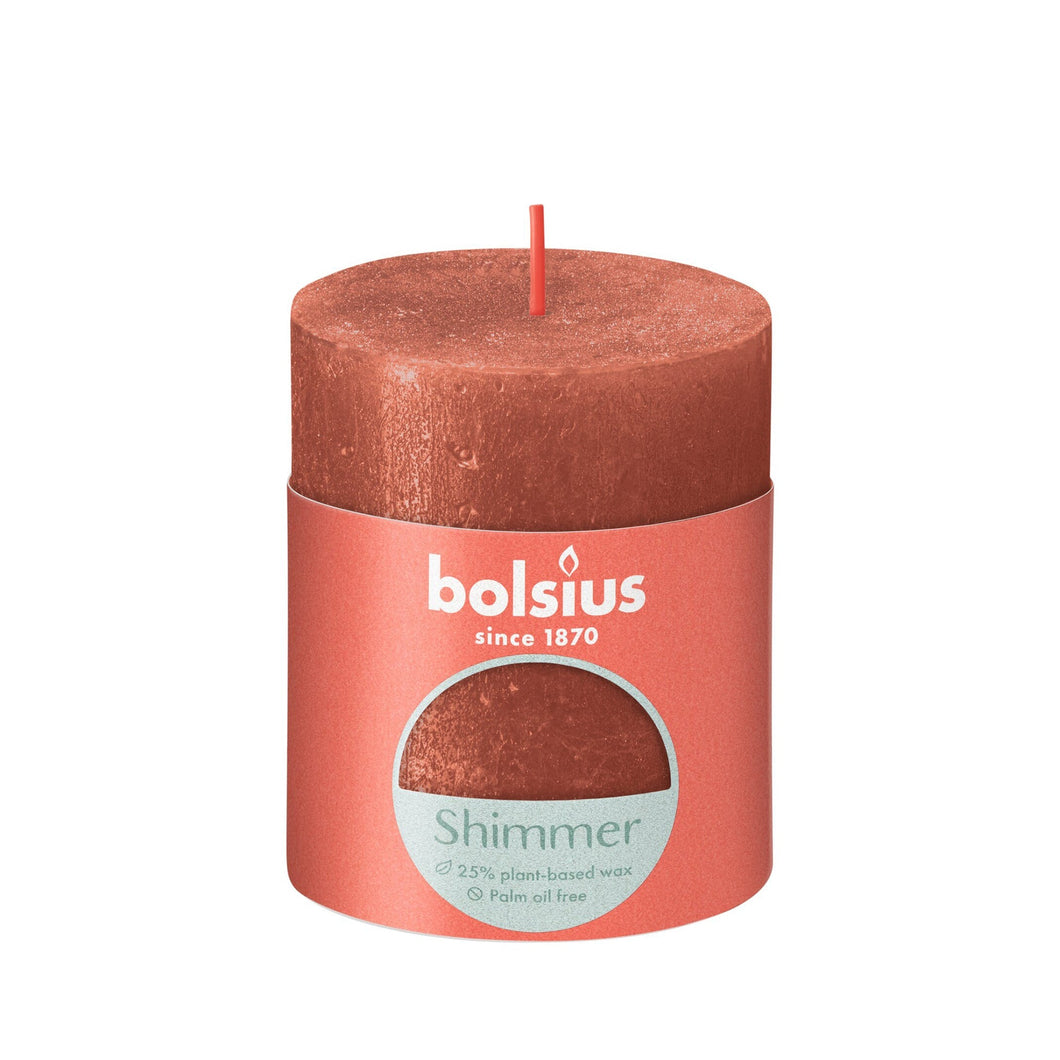 Bolsius Shimmer Small Rustic Pillar Candle, Copper - 80/68mm with label.