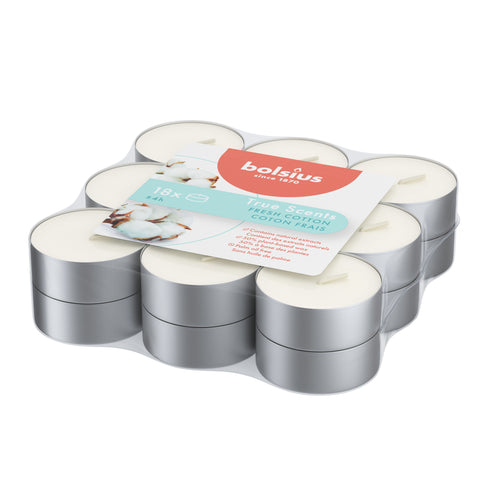 Bolsius True Scents Fresh Cotton Tealight Candles, Scented - Pack of 18, angled view.