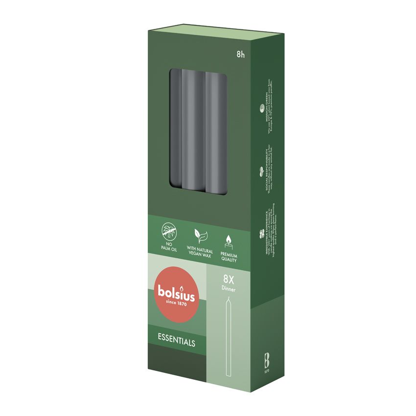 Bolsius Essentials Box of 8 Dinner Candles 230/20mm - Stormy Grey.
