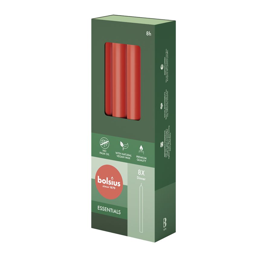 Bolsius Essentials Box of 8 Dinner Candles 230/20mm - Delicate Red.