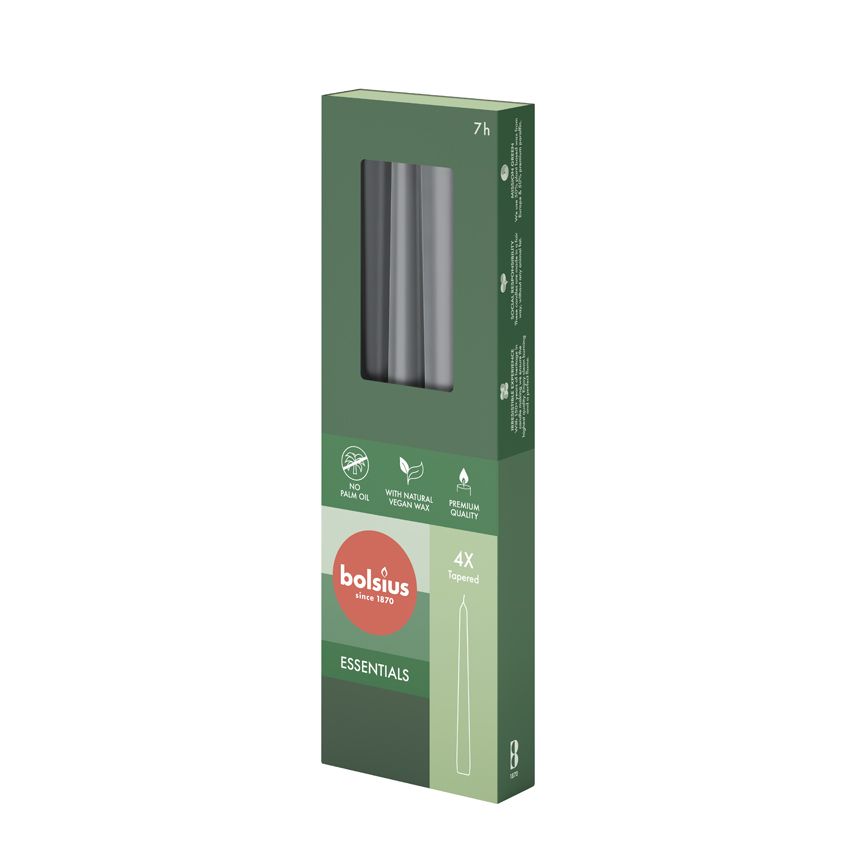 Bolsius Essentials Box of 4 Tapered Candles 245/24mm - Stormy Grey.
