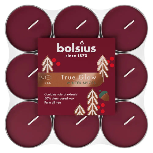 Bolsius True Glow Winter Spice Tealight Candles, Scented - Pack of 18.