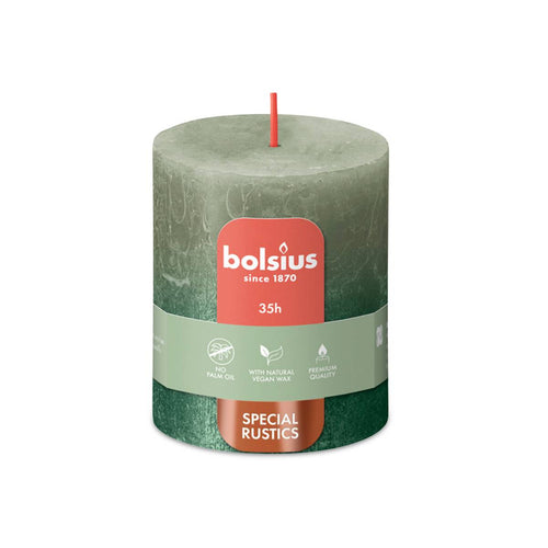 Bolsius Sunset Rustics Small Pillar Candle, Fresh Olive + Metallic Green - 80/68mm.