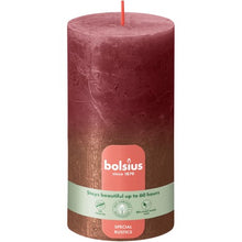 Load image into Gallery viewer, Bolsius Sunset Rustics Pillar Candle, Velvet Red + Copper - 130/68mm, with label.
