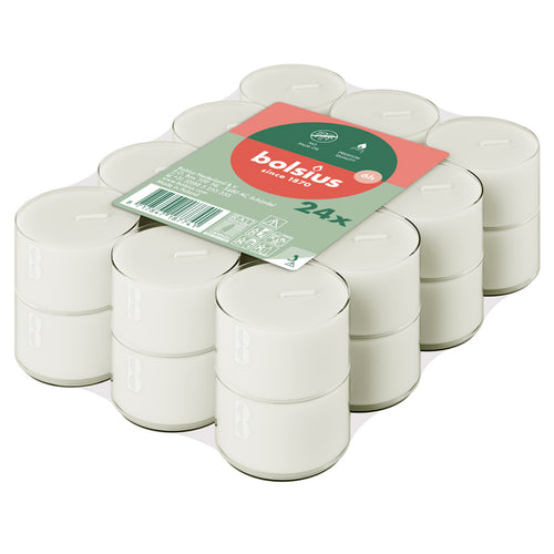 Bolsius Pack of 24 Tealight Candles, 6-hour Burn Time - Clear Cup, angled view.