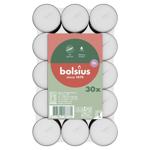 Bolsius Pack of 30 Tealight Candles, 8-hour Burn Time, top view.