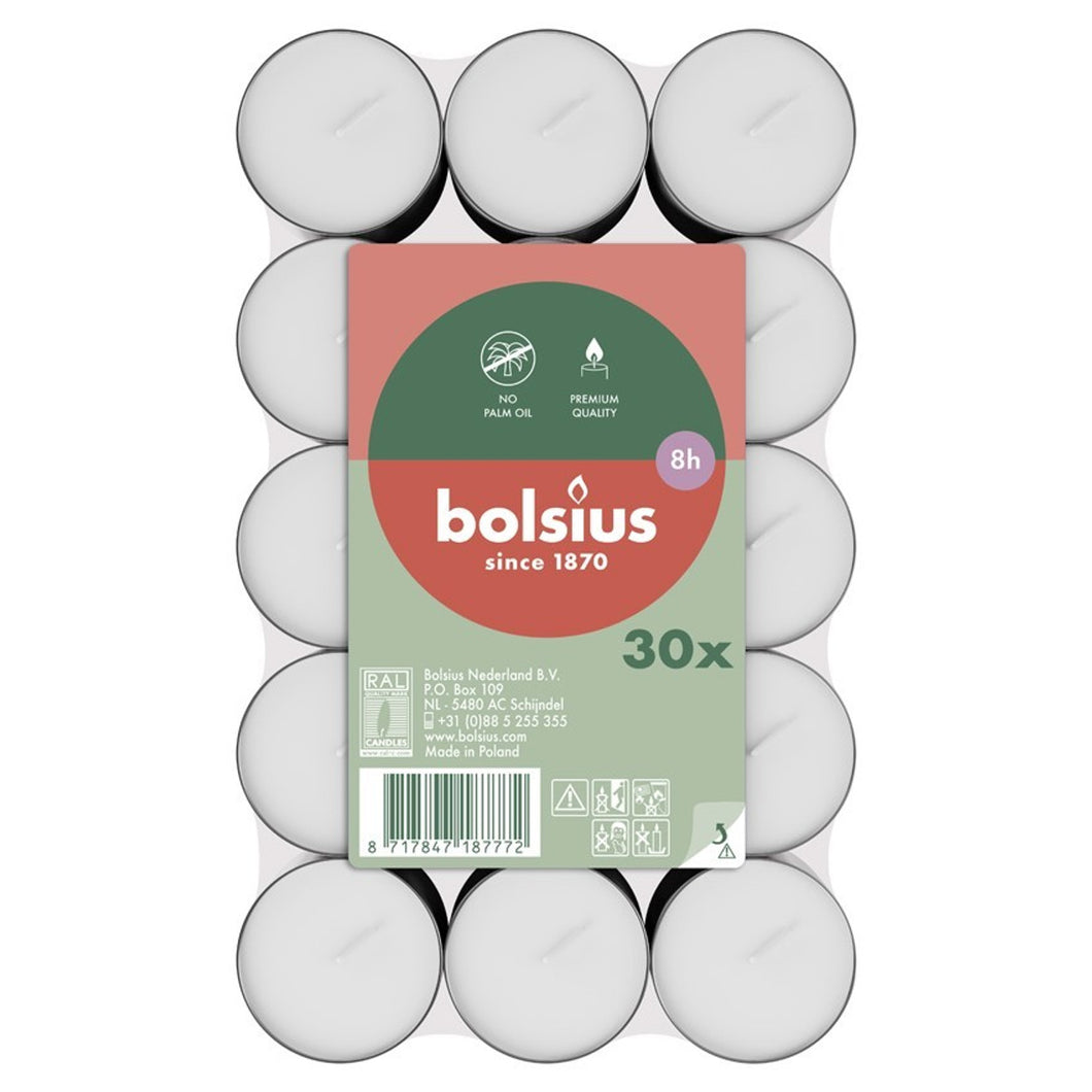 Bolsius Pack of 30 Tealight Candles, 8-hour Burn Time, top view.