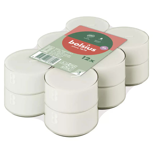 Bolsius Maxi Tealight Pack of 12 Candles - 8-hour Burn Time, Transparent Cup, angled view.