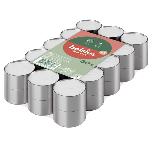 Bolsius Pack of 30 Tealight Candles, 6-hour Burn Time, angled view.