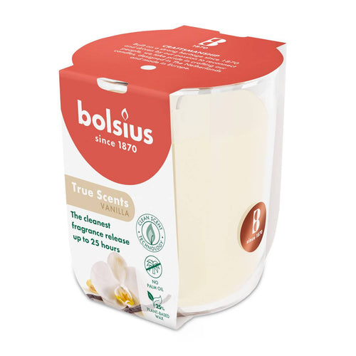 Bolsius True Scents Fragranced Candle in Glass - 80/73mm, Vanilla, angled view.