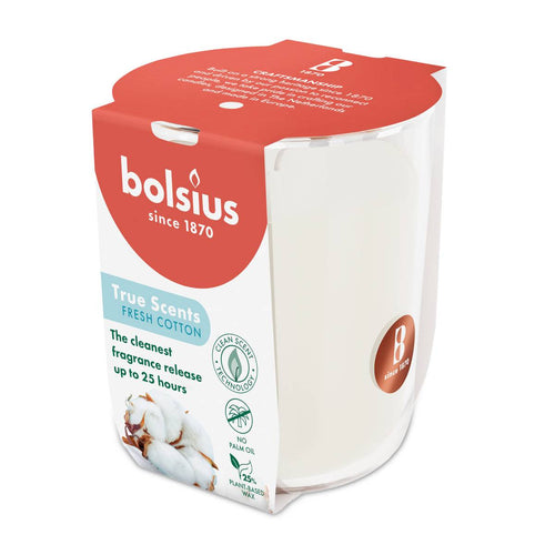 Bolsius True Scents Fragranced Candle in Glass - 80/73mm, Fresh Cotton, side view.