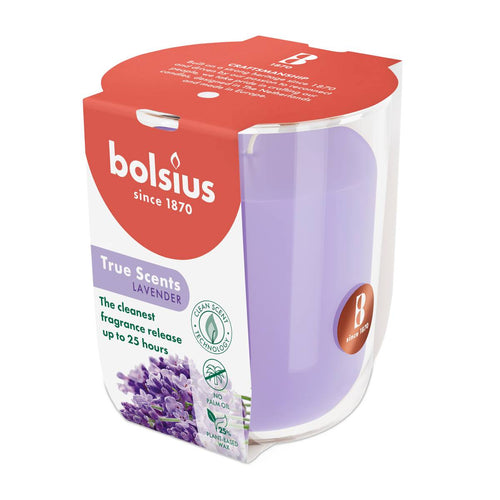 Bolsius True Scents Fragranced Candle in Glass - 80/73mm, Lavender, angled view.