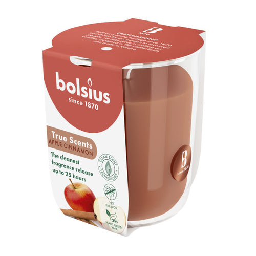Bolsius True Scents Fragranced Candle in Glass - 80/73mm, Apple Cinnamon, angled view.