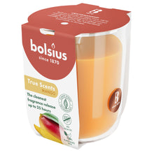 Load image into Gallery viewer, Bolsius True Scents Fragranced Candle in Glass - 80/73mm, Mango, angled view.
