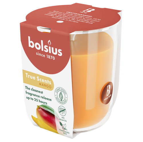 Bolsius True Scents Fragranced Candle in Glass - 80/73mm, Mango, angled view.