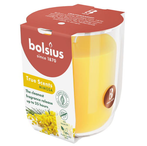Bolsius True Scents Fragranced Candle in Glass - 80/73mm, Mimosa, angled view.