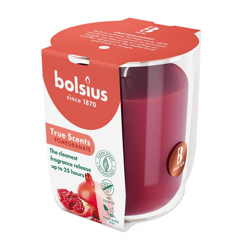 Bolsius True Scents Fragranced Candle in Glass - 80/73mm, Pomegranate, angled view.