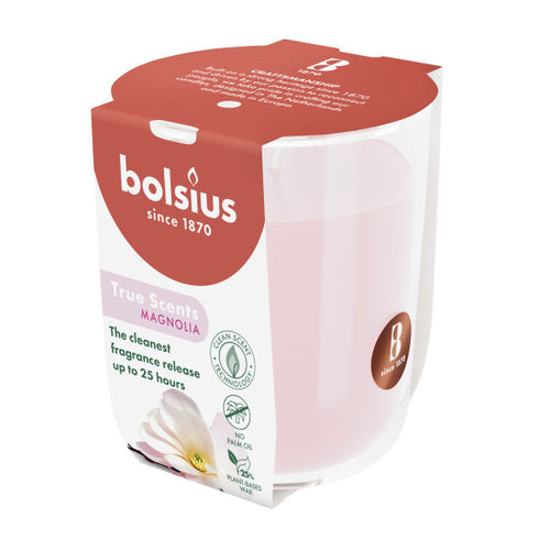 Bolsius True Scents Fragranced Candle in Glass - 80/73mm, Magnolia, angled view.