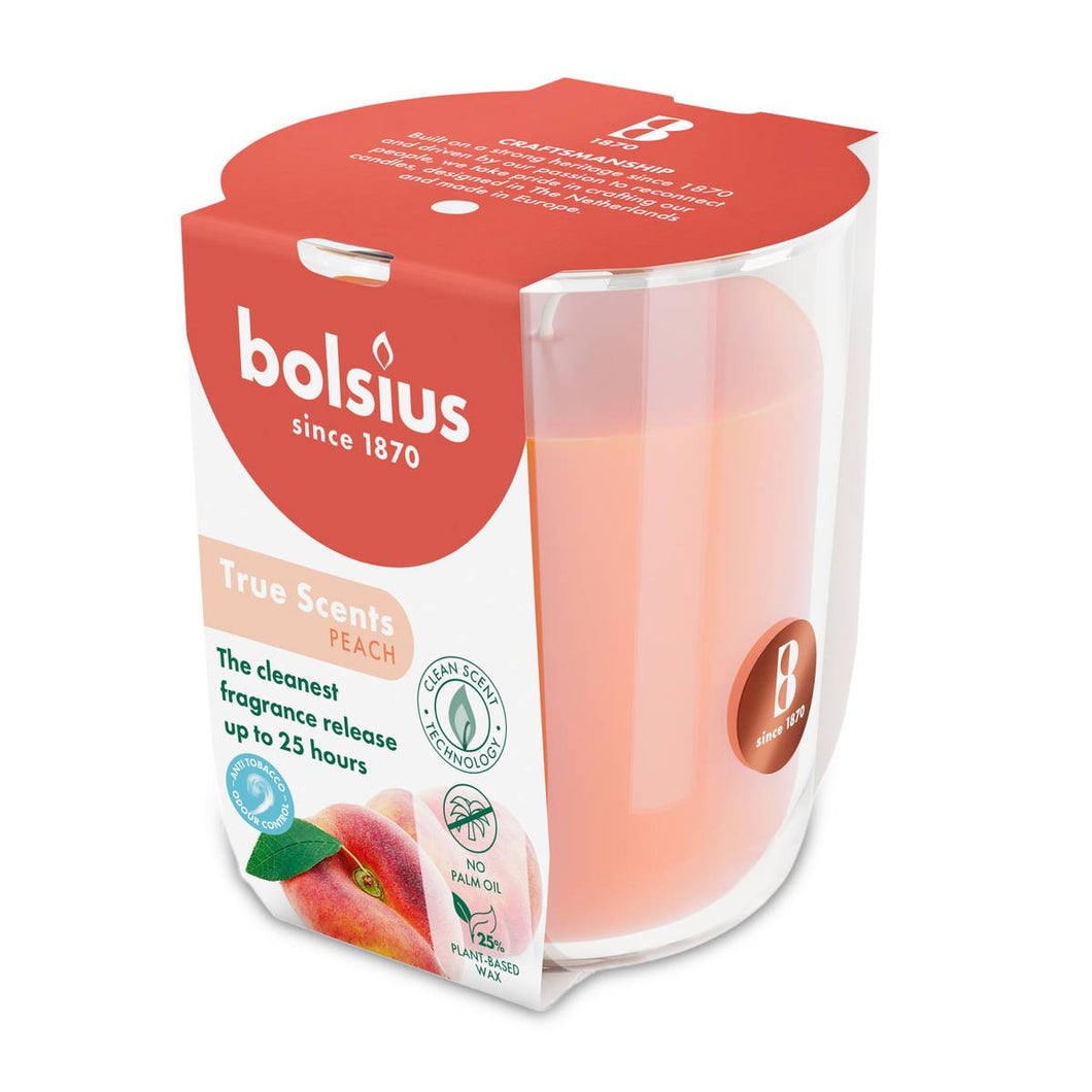 Bolsius True Scents Fragranced Candle in Glass - 80/73mm, Peach, angled view.