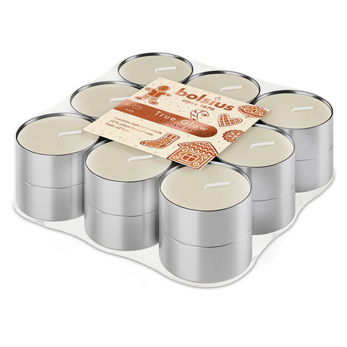Bolsius True Glow Cookie Fever Tealight Candles, Scented - Pack of 18, angled view.