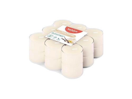 Bolsius True Scents Vanilla Tealight Candles, Scented - Pack of 18, 6-Hour Burn Time, Clear Cup, angled view.