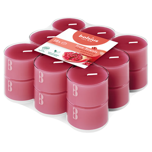 Bolsius True Scents Pomegranate Tealight Candles, Scented - Pack of 18, 6-Hour Burn Time, Clear Cup, angled view.