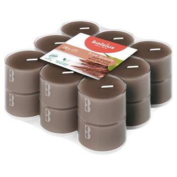 Bolsius True Scents Oud Wood Tealight Candles, Scented - Pack of 18, 6-Hour Burn Time, Clear Cup, angled view.