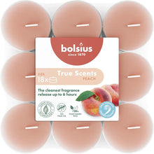 Load image into Gallery viewer, Bolsius True Scents Peach Tealight Candles, Scented - Pack of 18, 6-Hour Burn Time, Clear Cup, top view.
