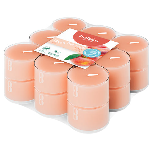 Bolsius True Scents Peach Tealight Candles, Scented - Pack of 18, 6-Hour Burn Time, Clear Cup, angled view.