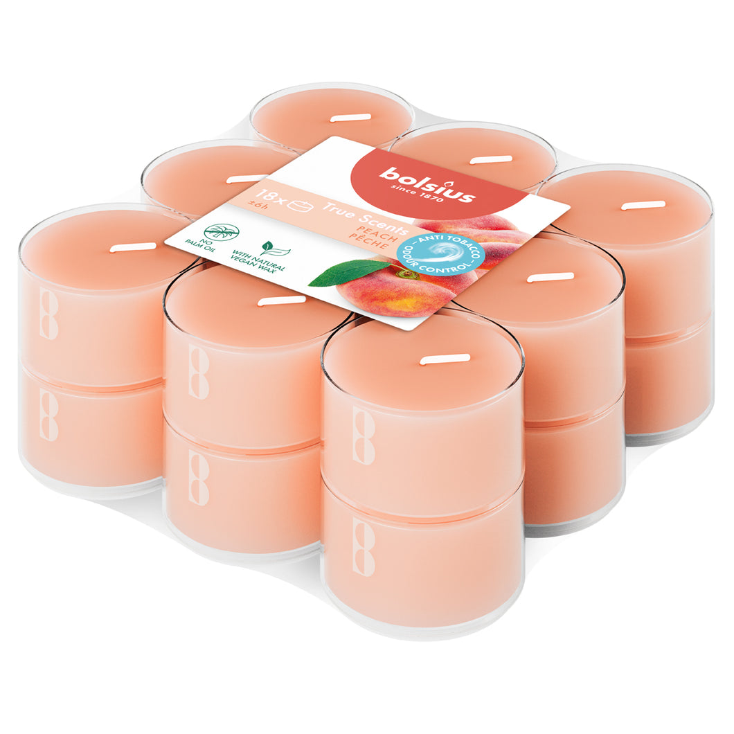 Bolsius True Scents Peach Tealight Candles, Scented - Pack of 18, 6-Hour Burn Time, Clear Cup, angled view.