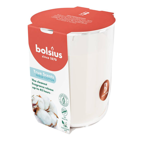 Bolsius True Scents Fragranced Candle in Glass - 97/85mm, Fresh Cotton, angled view.