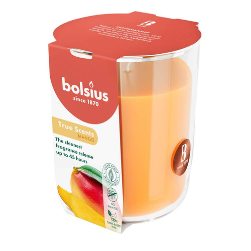 Bolsius True Scents Fragranced Candle in Glass - 97/85mm, Mango, angled view.