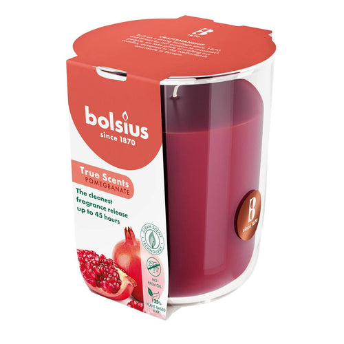 Bolsius True Scents Fragranced Candle in Glass - 97/85mm, Pomegarante, angled view.