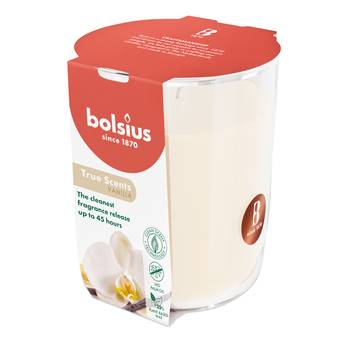 Bolsius True Scents Fragranced Candle in Glass - 97/85mm, Vanilla, angled view.