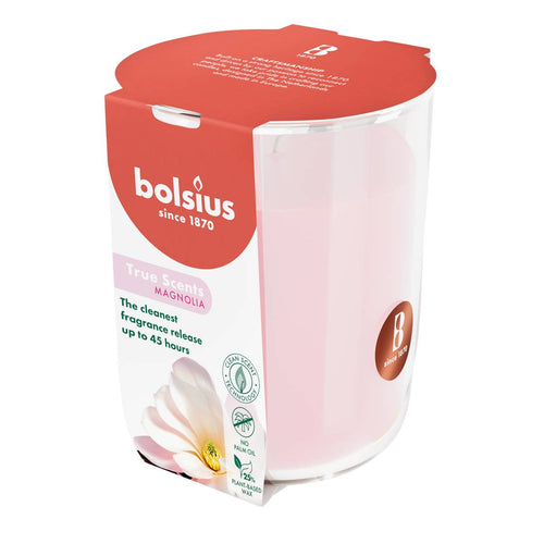 Bolsius True Scents Fragranced Candle in Glass - 97/85mm, Magnolia, angled view.