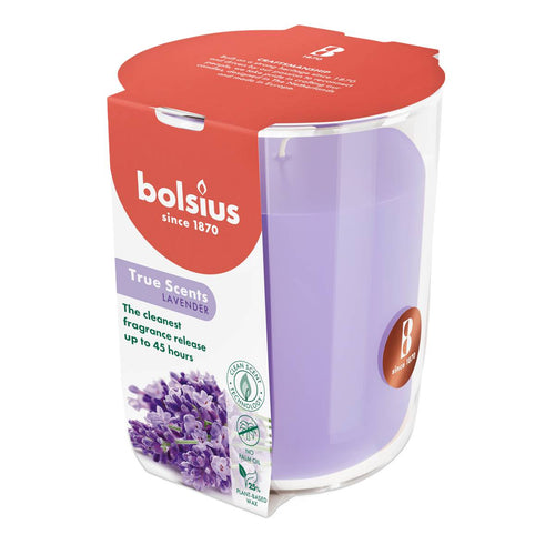 Bolsius True Scents Fragranced Candle in Glass - 97/85mm, Lavender, angled view.