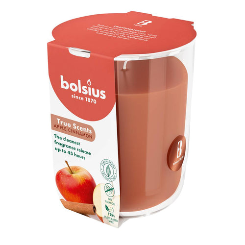 Bolsius True Scents Fragranced Candle in Glass - 97/85mm, Apple Cinnamon, angled view.