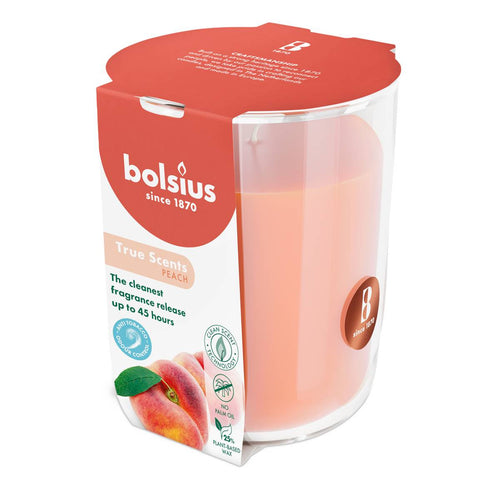 Bolsius True Scents Fragranced Candle in Glass - 97/85mm, Peach, angled view.