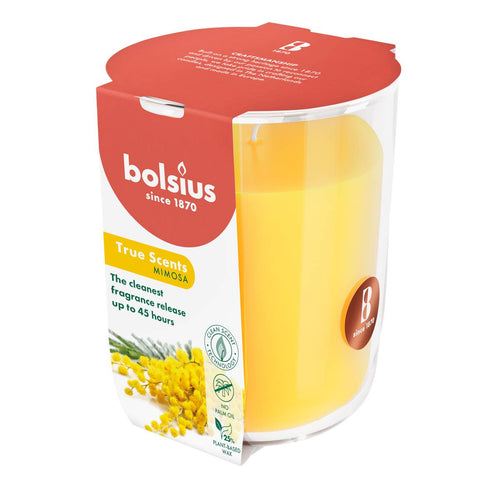 Bolsius True Scents Fragranced Candle in Glass - 97/85mm, Mimosa, angled view.