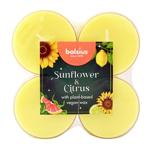 Bolsius Sunflower & Citrus Maxi-Light Candles with Clear Cups, Scented - Pack of 8.