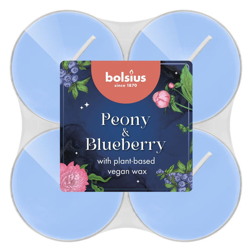 Bolsius Peony & Blueberry Maxi-Light Candles with Clear Cups, Scented - Pack of 8.