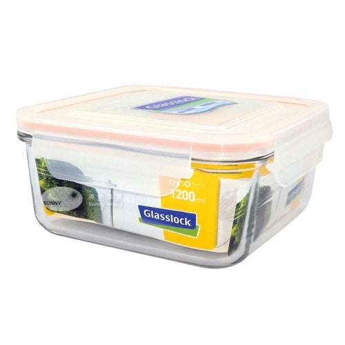 Glass Lock Airtight Square Glass Food Container - 1200ml, angled view.