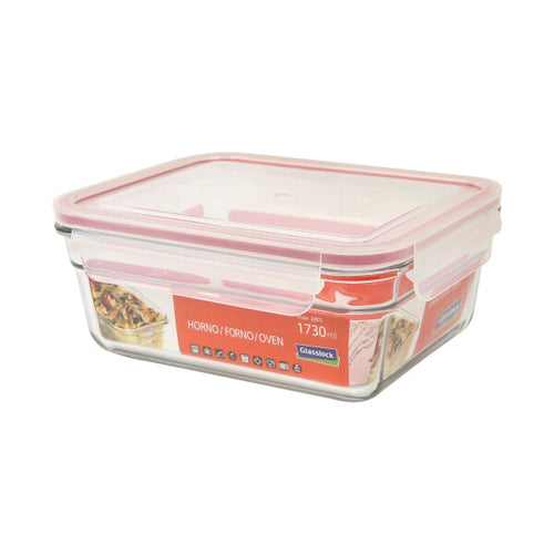 Glass Lock Airtight Rectangular Oven Safe Glass Dish / Food Container with Lid - 1730ml, angled view.