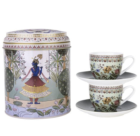 Images D'orient Large Tin Box with 2 Coffee Cups & Saucers, 90ml - Jangala.